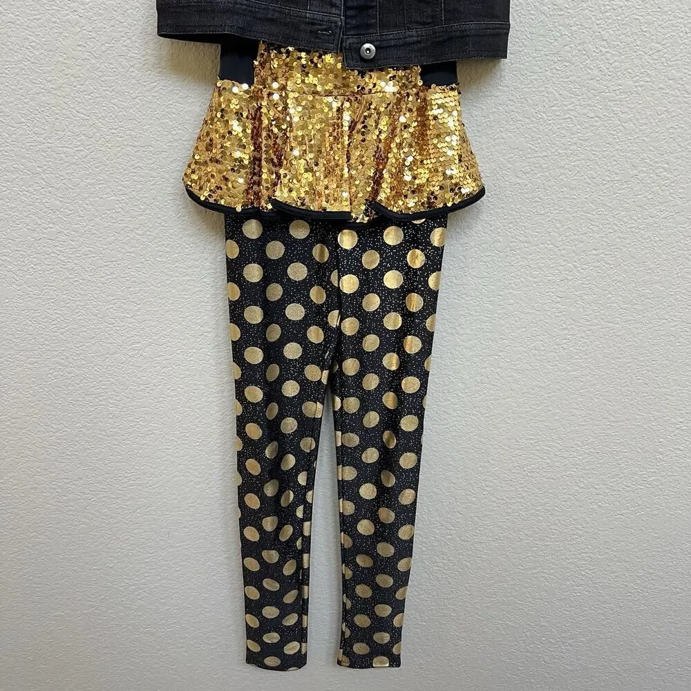 Weissman Size Child Medium Gold Digger Dance Costume Black Gold Sequin Jean Vest